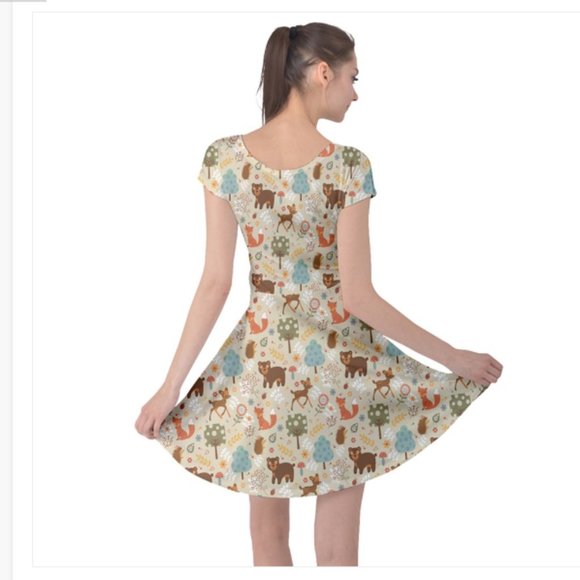 Colorful Whimsical Woodland Animals Pattern Cap Sleeve Dress Comfy Spring - Picture 2 of 11